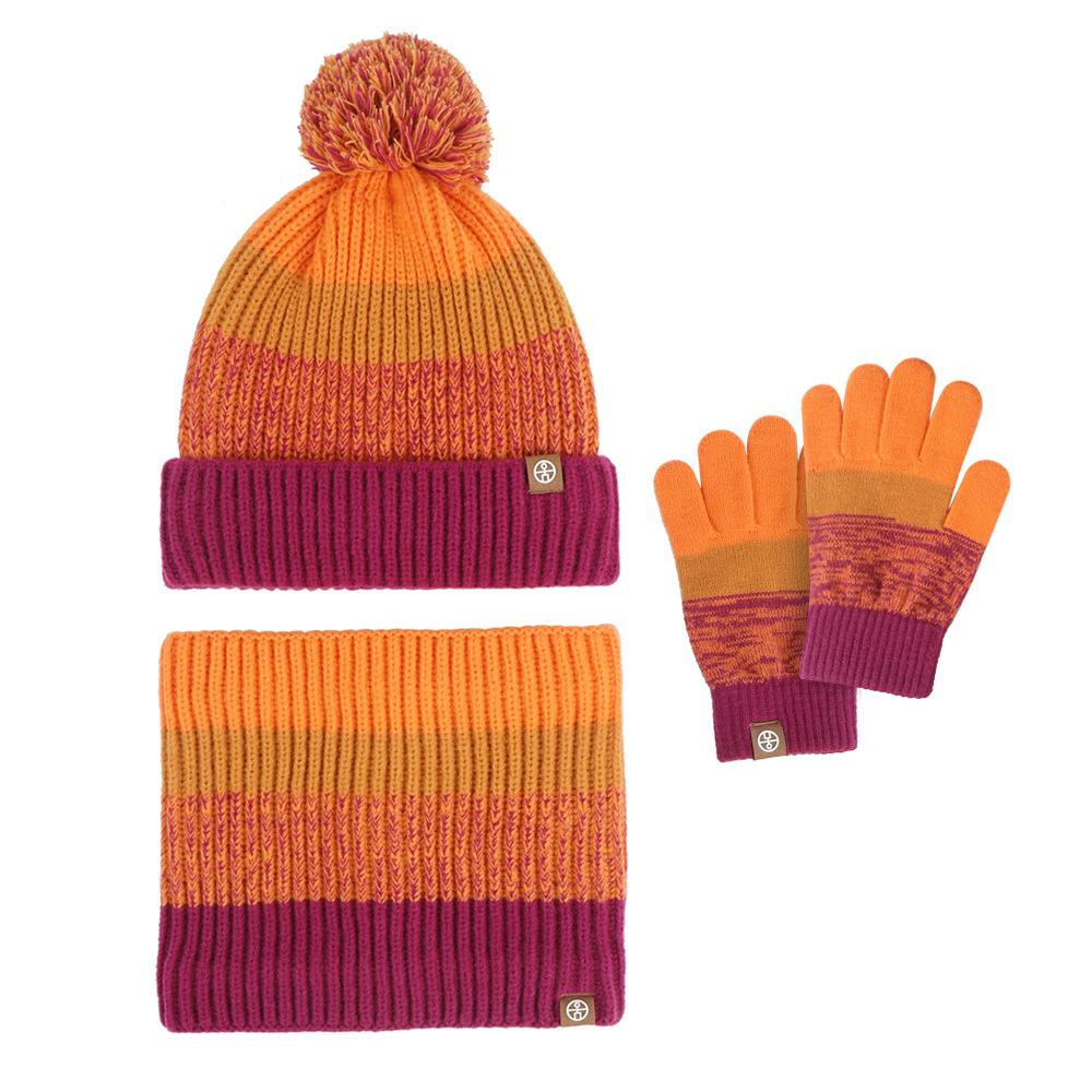 Children's Scarf Three Piece Set with Plush Contrasting Color Ball Hat, Scarf Gloves, 3-piece Set for Warmth