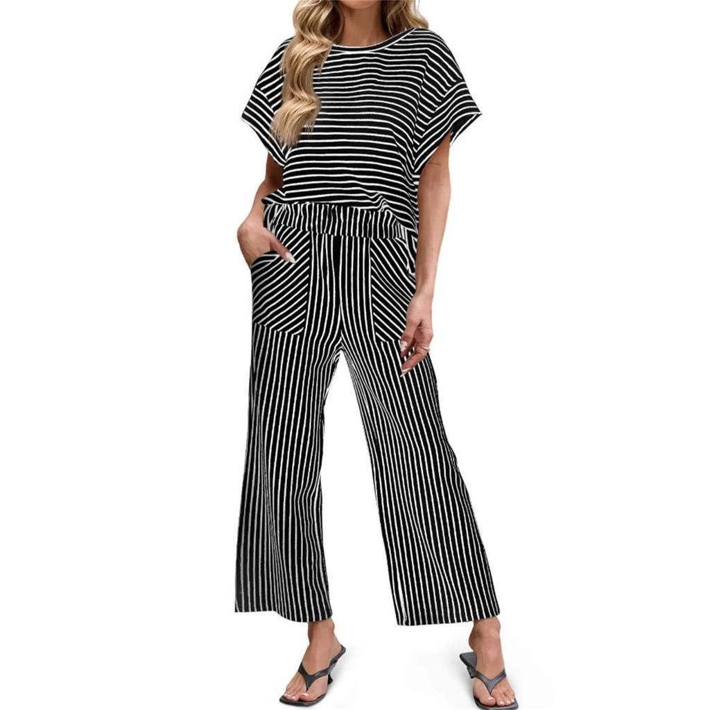 Women's Casual Two Piece Set Striped Top and Pants Loose Fit Short Sleeve Pullover with Elastic Waistband Wide Leg Trousers