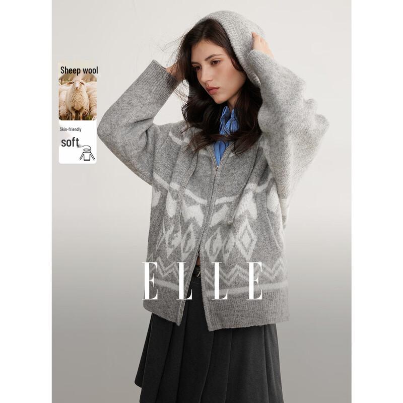ELLE Women s Hooded Fair Isle Knit Cardigan M