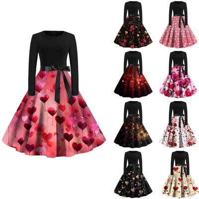 Women's Printed Round Neck Big Hem  Skirt Pleated Skirt Long Sleeved Dress Dress
