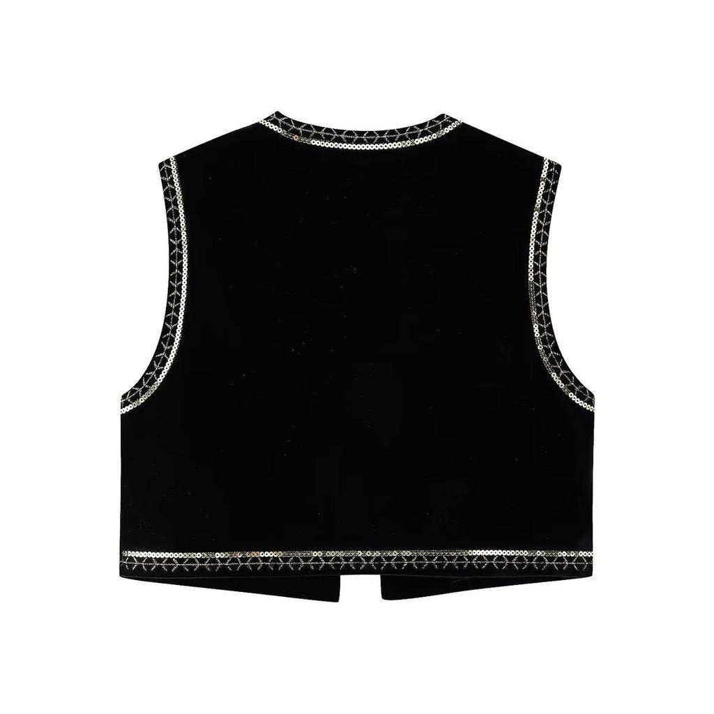 2024 Autumn Velvet Sequin Embroidered Sleeveless Open-front Women's Vest