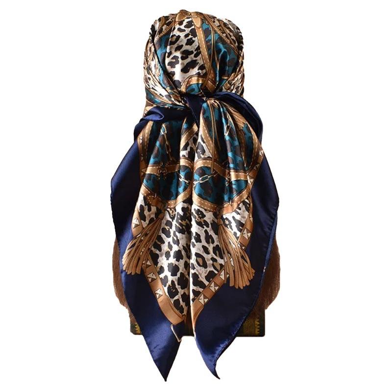 Retro leopard print two-color 91 imitation silk square scarf, female foreign high-end shawl temperament silk scarf