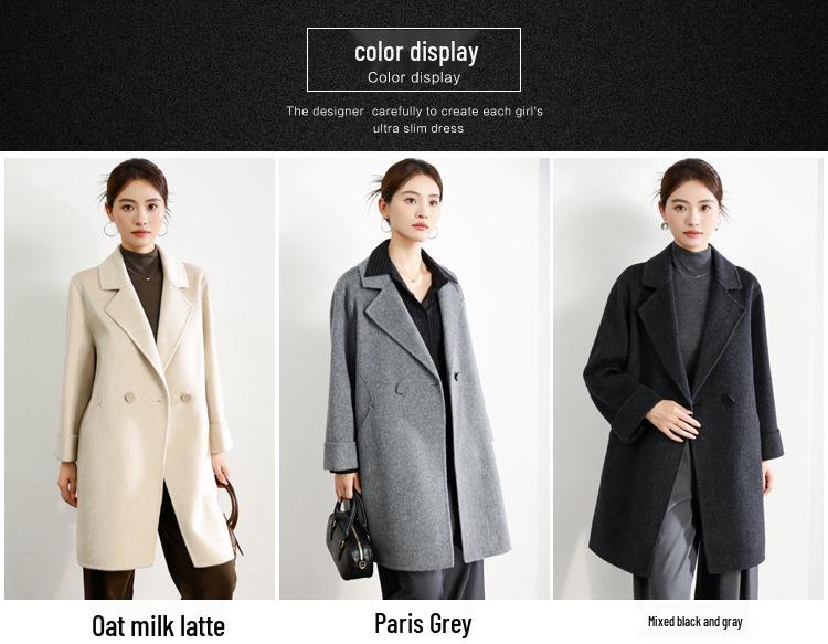 Women's Mid-Length Black Double-Faced Cashmere Wool Coat - 2025 Autumn/Winter Collection