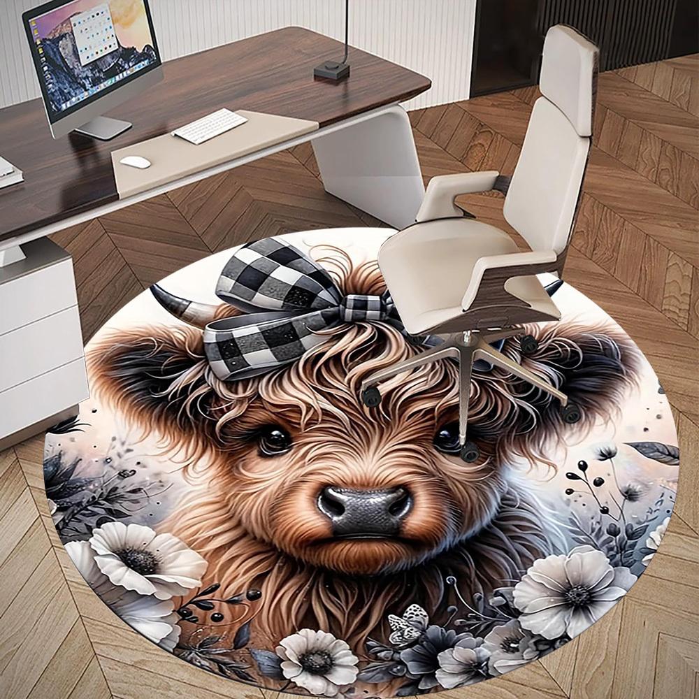 1PC Cow Bow Flowers Round Chair Mat Area Rug - Non-Slip, Floor Mat for Office, Bedroom, Home Decor Christmas Gift C0528033
