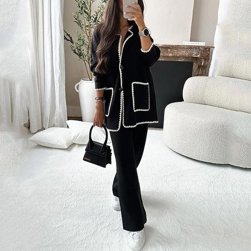 Fashion Patchwork Pocket O-neck Long Sleeve Coat for Women Elegant Single Breasted Cardigan Jacket Knitting Crop Female Coats Warm Outerwear Two-piece