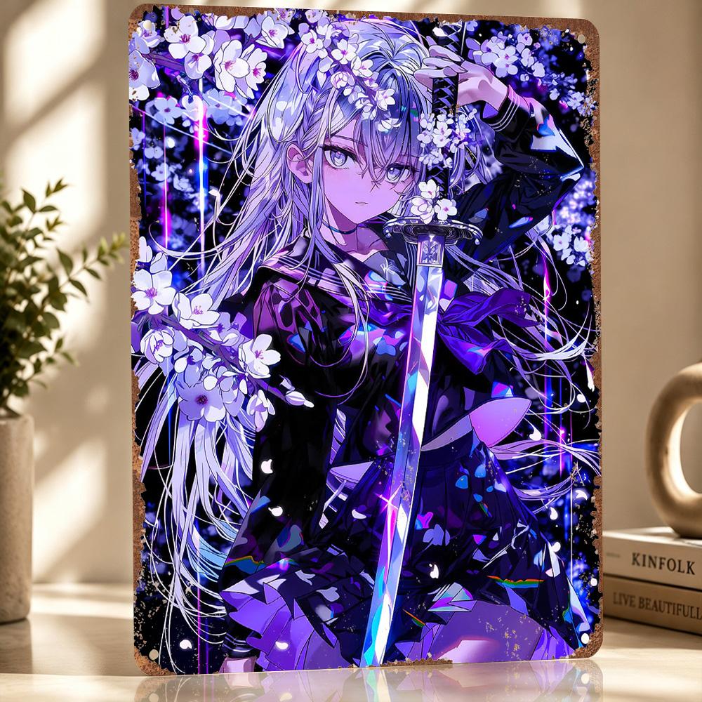 Anime Girl With Sword and Cherry Blossoms Personalized D Textured Metal Poster Wall Art Vintage Tin Signs for Decor Room Home