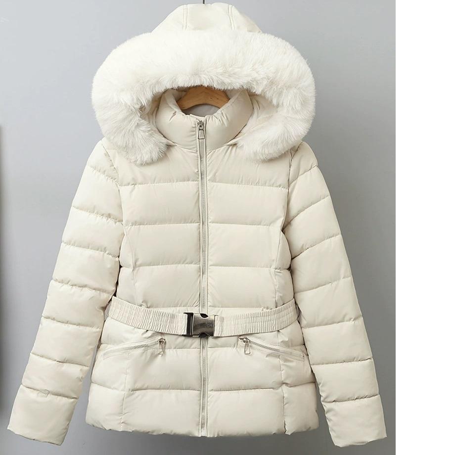 Hooded Collar Puffer Jacket Women Winter Large Fur Coat Women with Belt Warm Loose Parka Ladies Cotton Padded Overwear