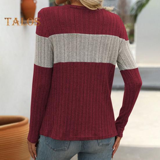Dámské topy s kulatým výstřihem, dlouhým rukávem, barevný blok, žebrované pletací topy, volný střih, ležérní, svetrové topy, denní nošení