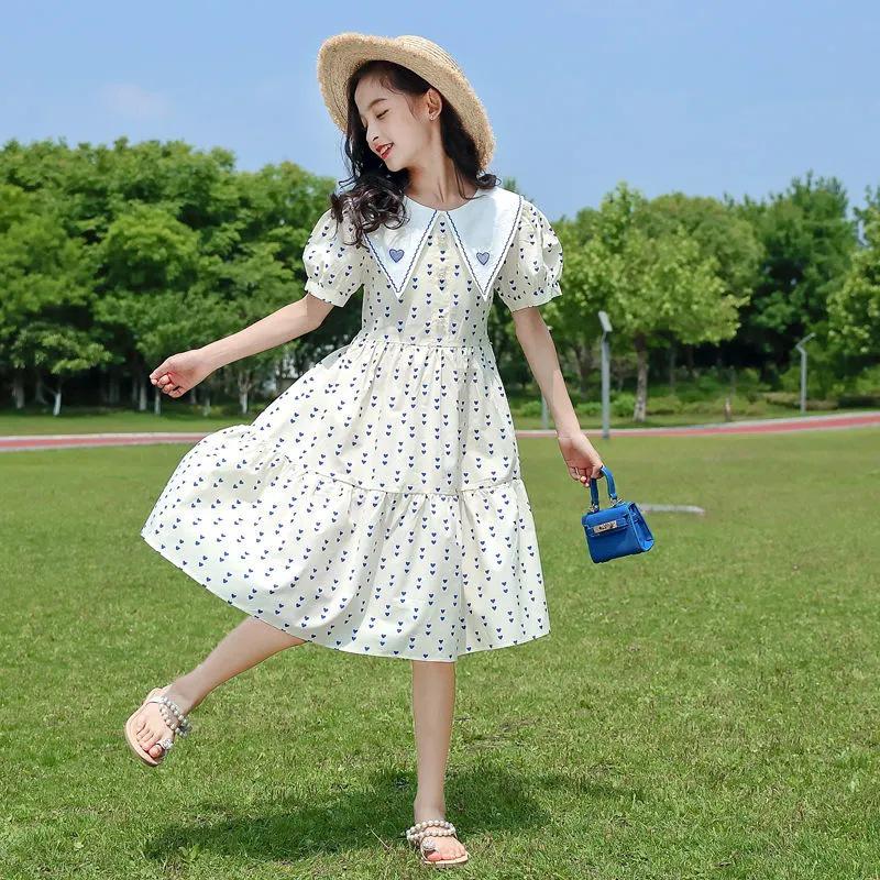 Girls' Western-Style Summer Floral Princess Dress with Puff Sleeves for Kids