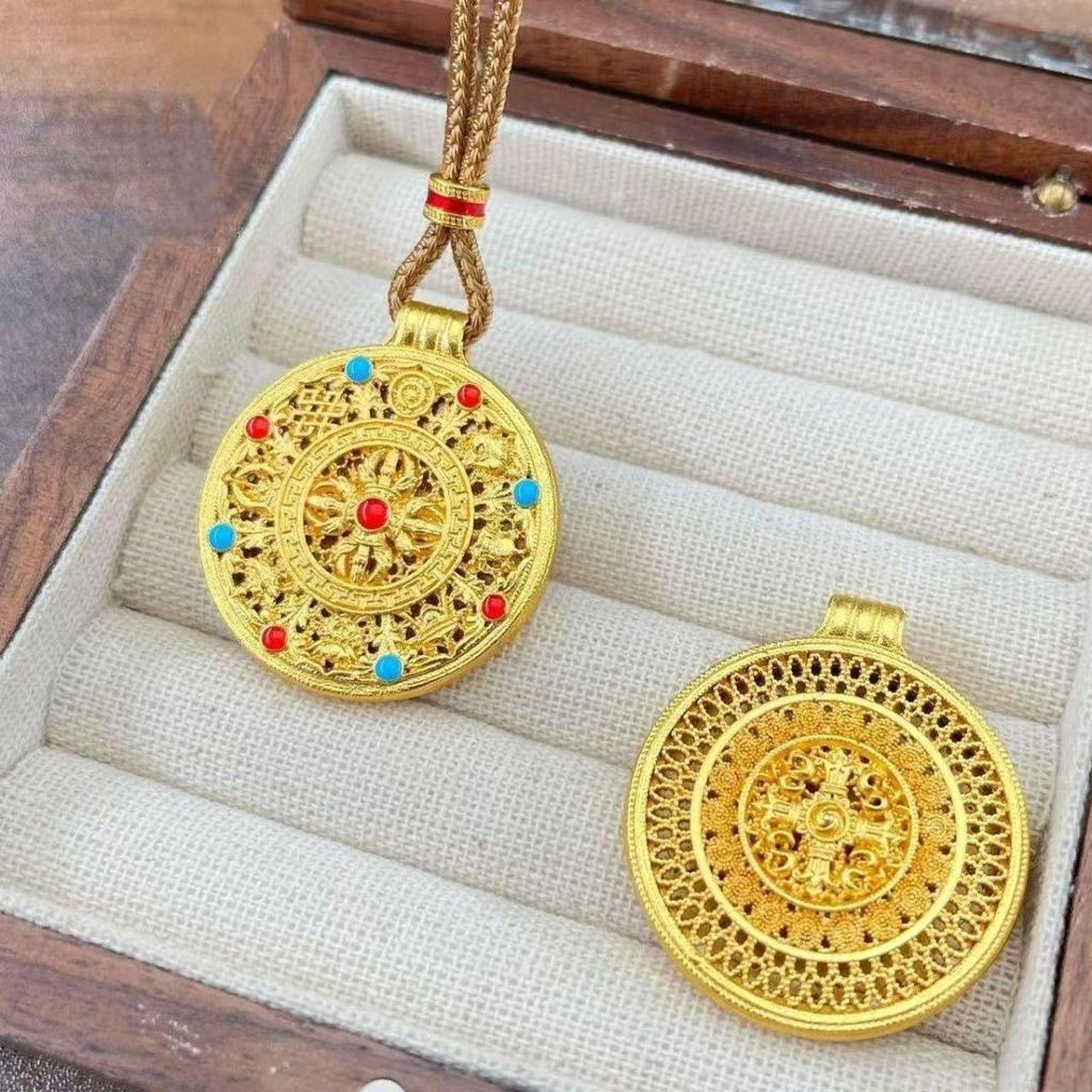 Gold-Plated Enamel Vajra Treasures Compass Amulet Necklace - Women's Good Luck Accessory