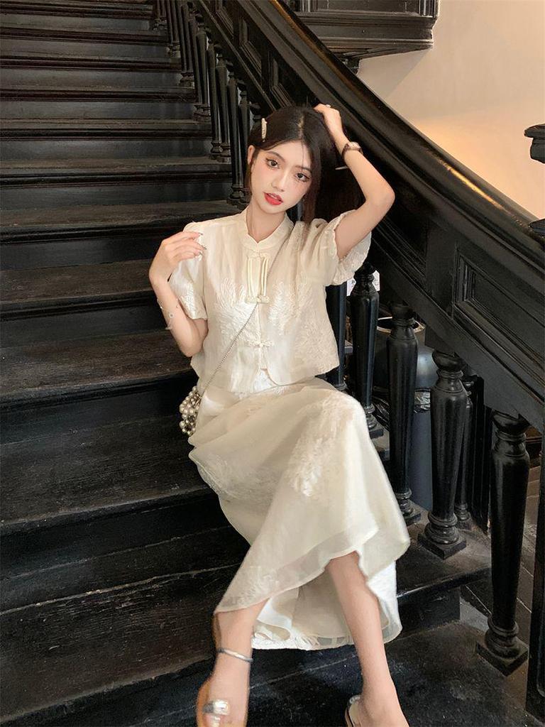 Early Spring & Summer Tea-Colored French Retro Chinese-Style Dress Set