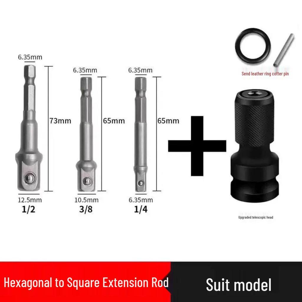Hex Shank to Square Drive Extension Bar for Hand Drill & Air Impact Wrench Conversion, Sizes 1/4, 3/8, 1/2
