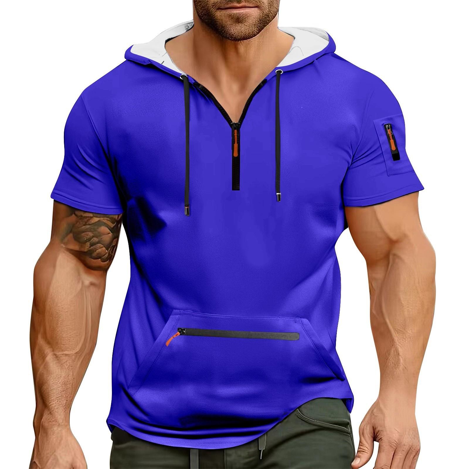 

Мужская летняя рубашка с карманом на молнии, коротким рукавом, с капюшоном, мужская спортивная повседневная толстовка большого размера XL