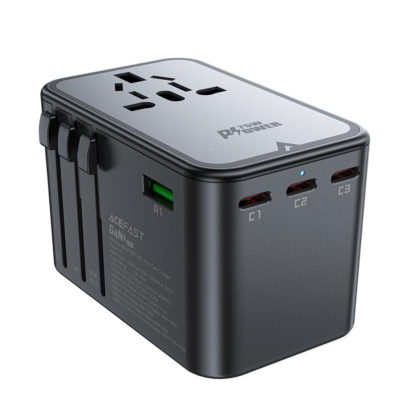 Acefast Z1 GaN 75W Fast Charging Travel Adapter - 3x USB-C & 2x USB-A - Black