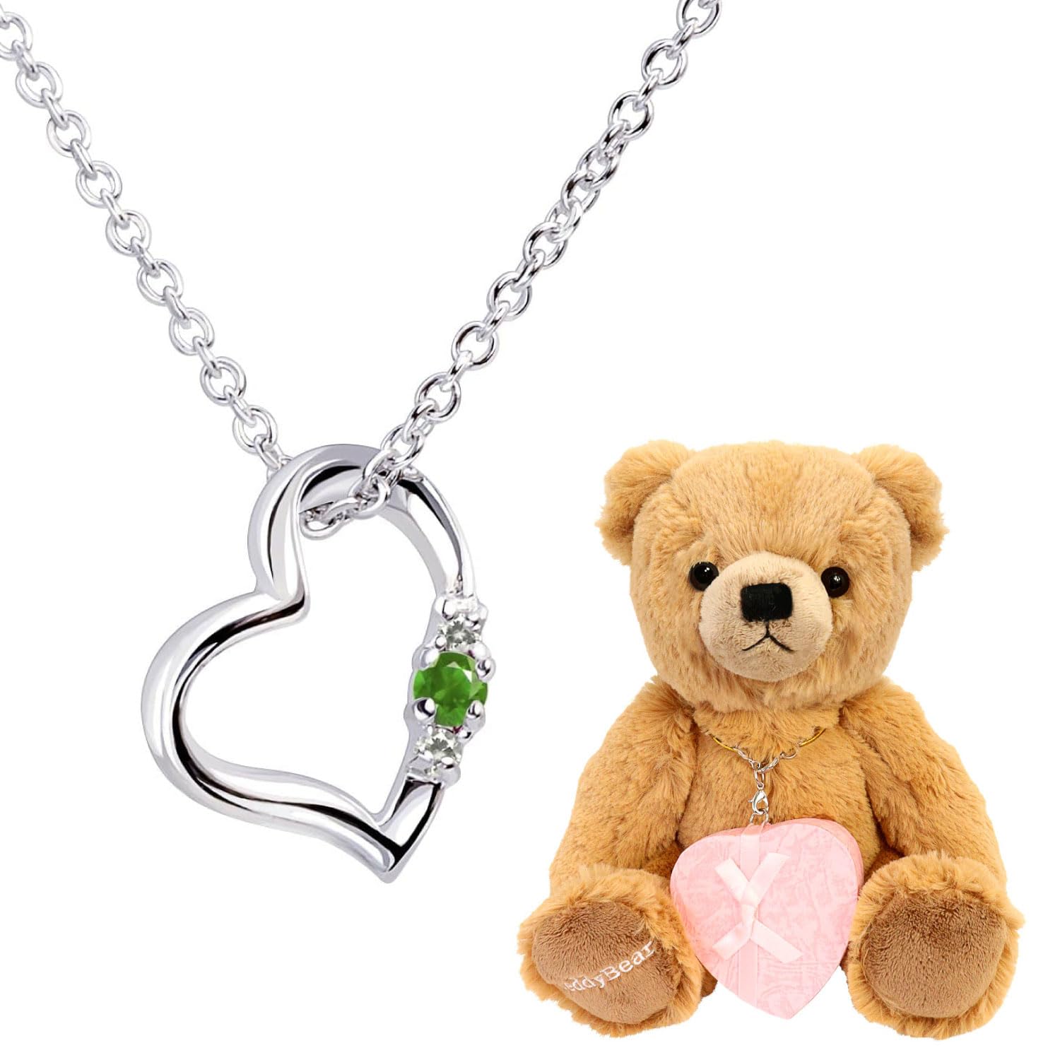 Natural Diamond Heart Necklace for Teddy Bear Plush Toy May Emerald Brown Bear [Sears] Women, Set, Birthstone, 1491-tdt-01-b5