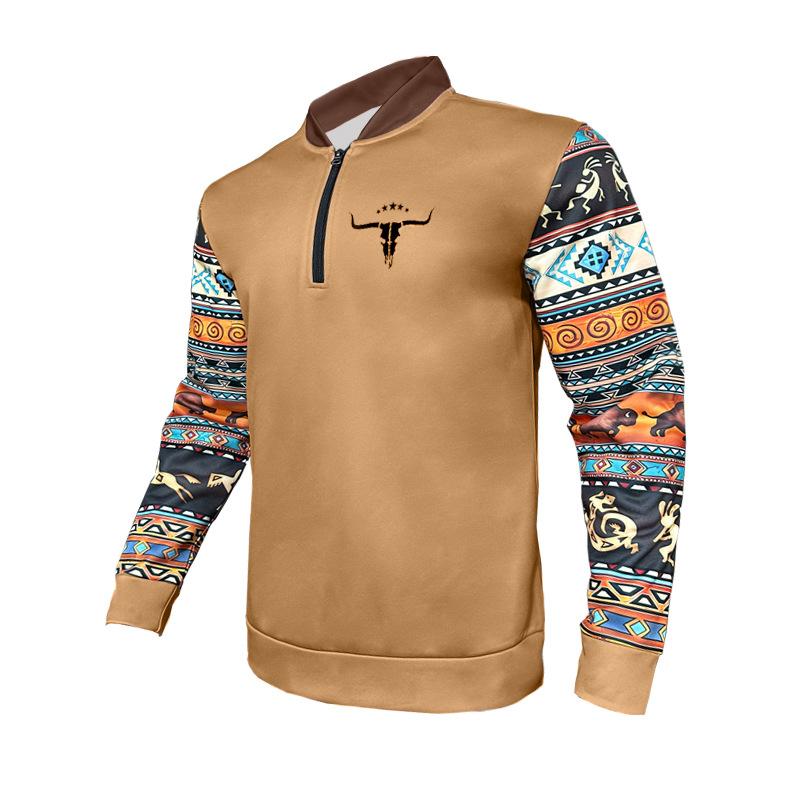 Retro High Street Half-Zip Pullover Stand Collar Oversized Casual Printed Men's Sweatshirt