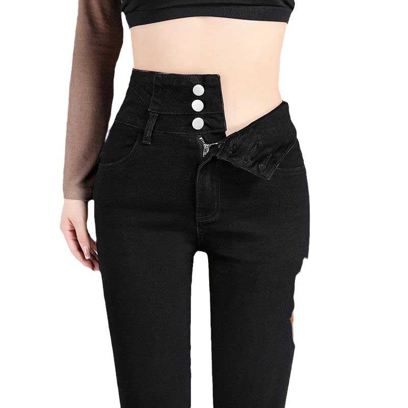 Women's High-Waisted Fleece-Lined Skinny Jeans, Black, Slim-Fit, 2024 Autumn/Winter Collection