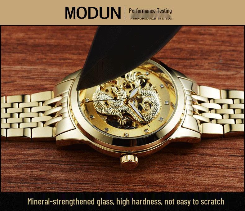 Modun Men's Gold Dragon Pattern Automatic Skeleton Watch with Genuine Leather Strap and Waterproof Multifunctionality
