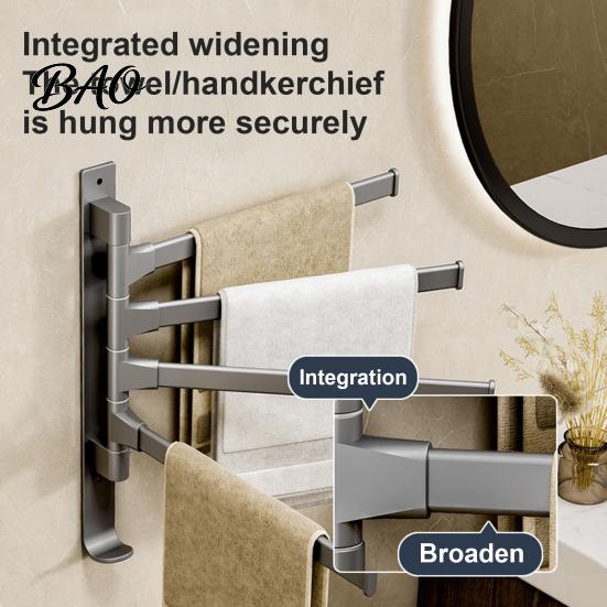 Drill Free Towel Bar Swivel Rack, 180 Degree Rotating Design, Wall Mounted Space Rack for Bathroom Aluminum Swing Holder, Anti-slip Organizer Kitchen