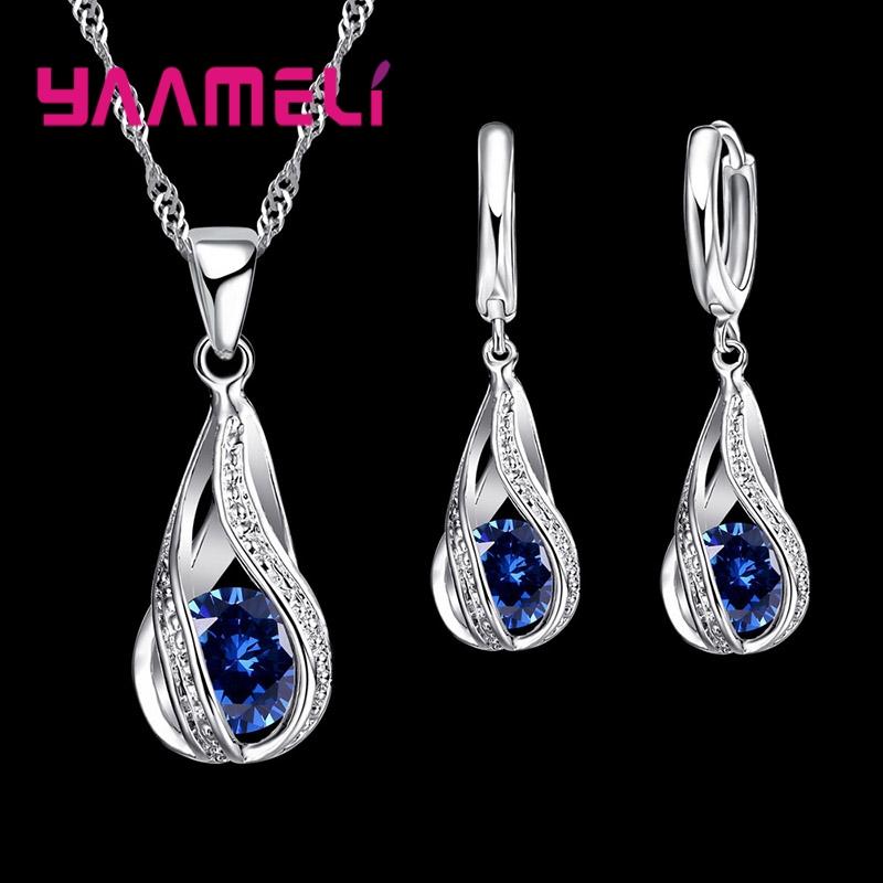 Wassertropfen Zirkonia 925 Silber Plated Schmuckset Für Damen Anhänger Halskette Creolen Hochzeitsparty Zeremonie Ring