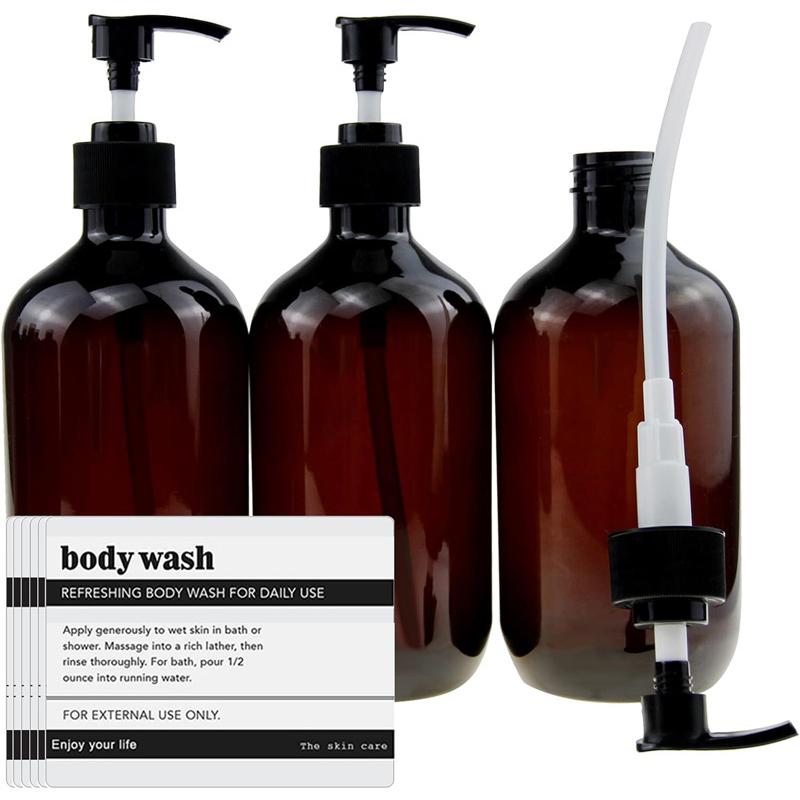 3er-Pack, 500 ml, nachfüllbarer Badezimmer-Flüssigseifenspender mit Pumpe, brauner/grüner Shampoo- und Conditioner-Spender mit 8 Etiketten