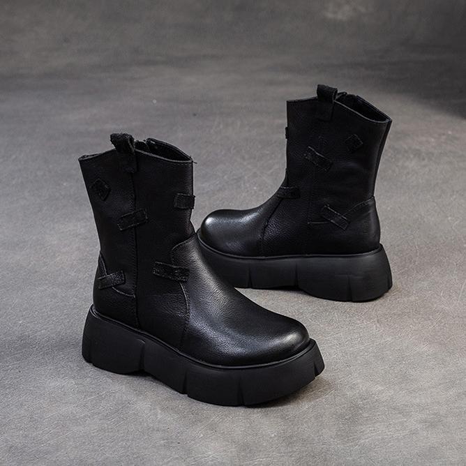 Johnature British Style Thick Soled Genuine Leather Mid-calf Boots Versatile Women's Flat Platform Shoes