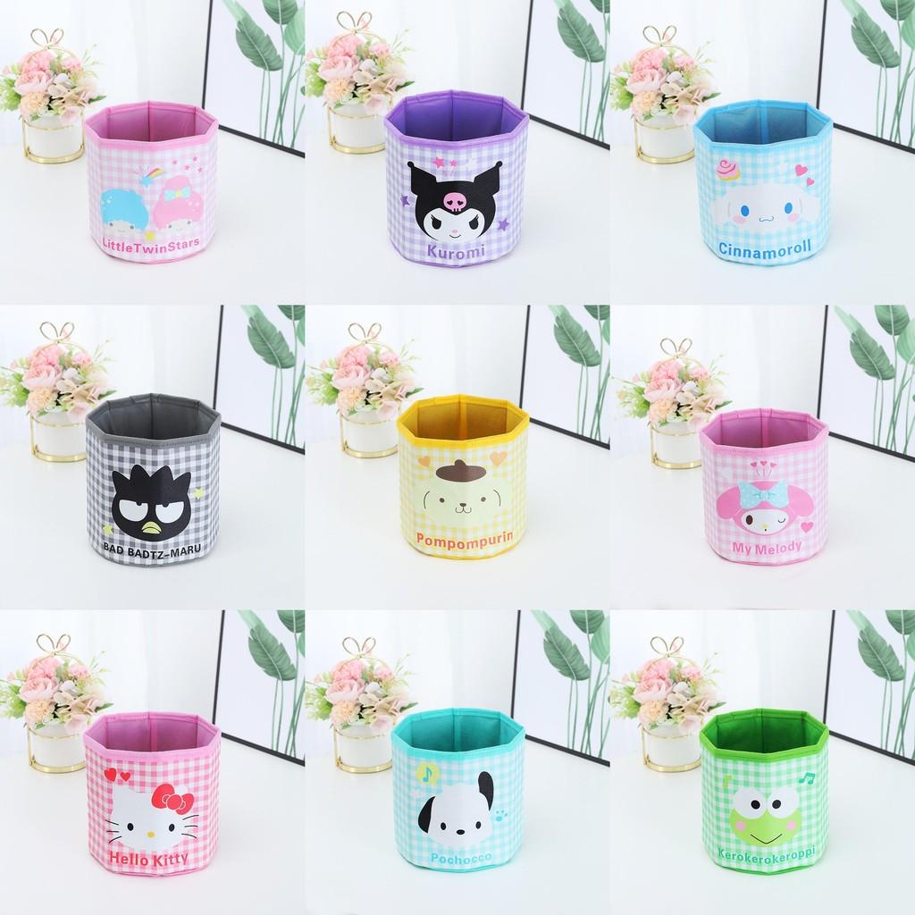 Pu Cartoon Grid Round Storage Bin With Foldable Design For Desk Organization And Office Use