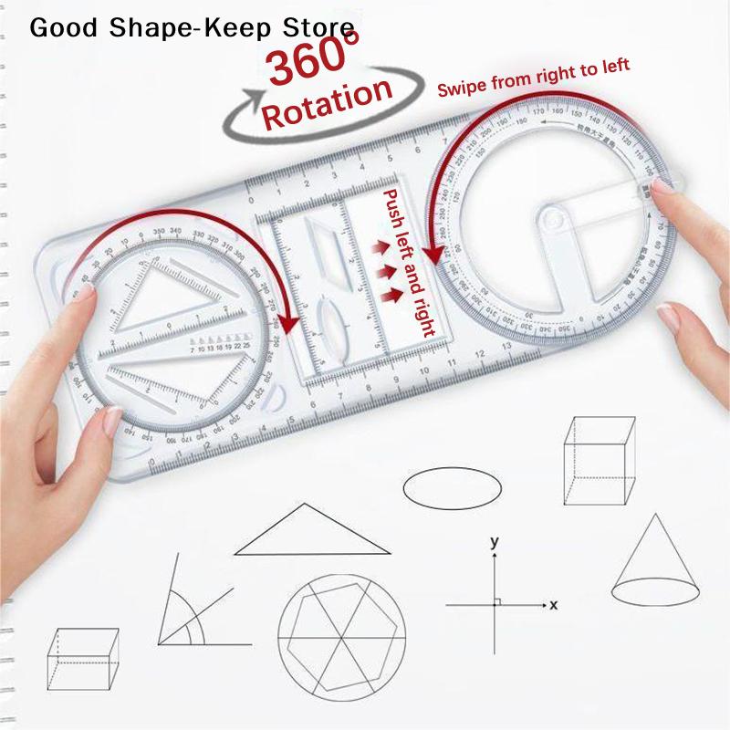 1PCS Multi Functional 360 ° Movable Geometric Drawing multi-function ruler For Primary School Mathematics Portable Transparent