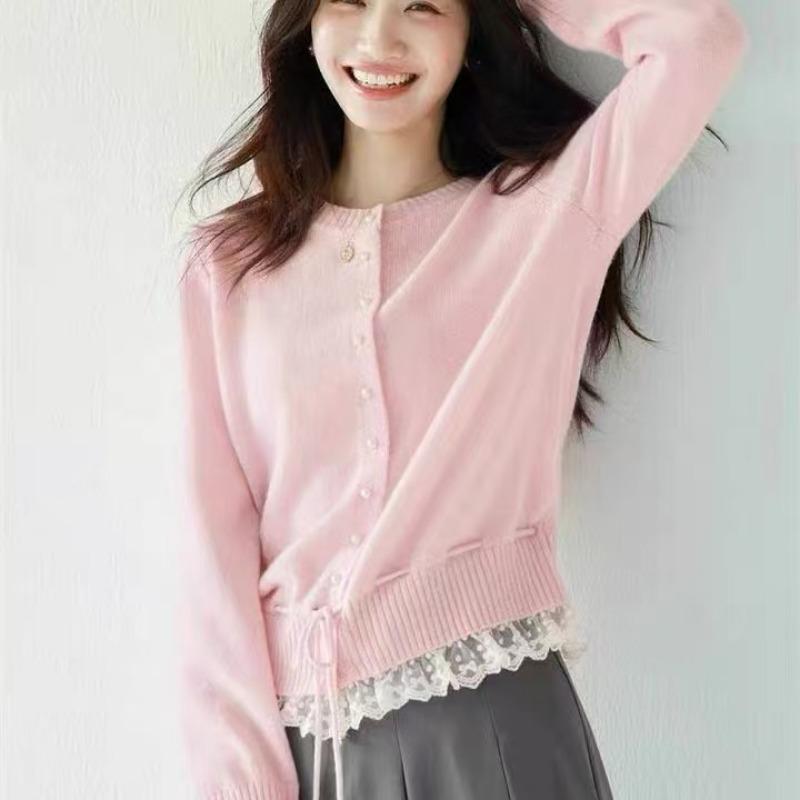 

Korean Style Lace Lace-up Waist Knitted Cardigan for Women Spring New Style Round Neck Sweater Onesize рожевий