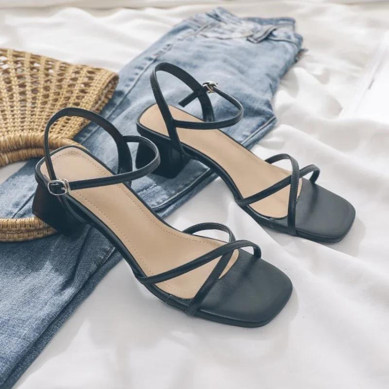 Summer Square Heel Women's Sandals Women's Shoes Black Versatile Fashion Elegant Middle Heel Shoes