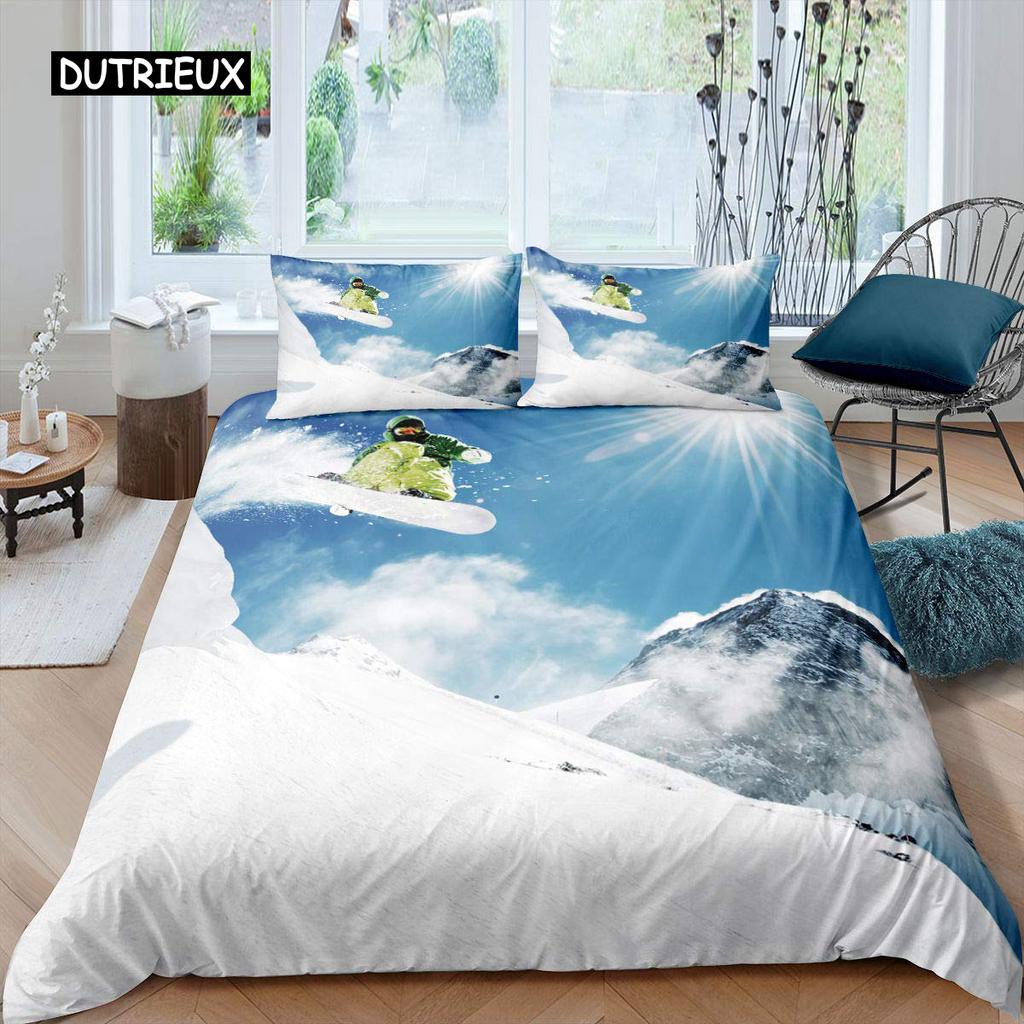 Ski-Bettbezug-Set, Cartoon-Ski-Bettwäsche-Set, Sport-Thema, Bettbezug, Extremsport-Design, Queen- und King-Size-Bettbezug