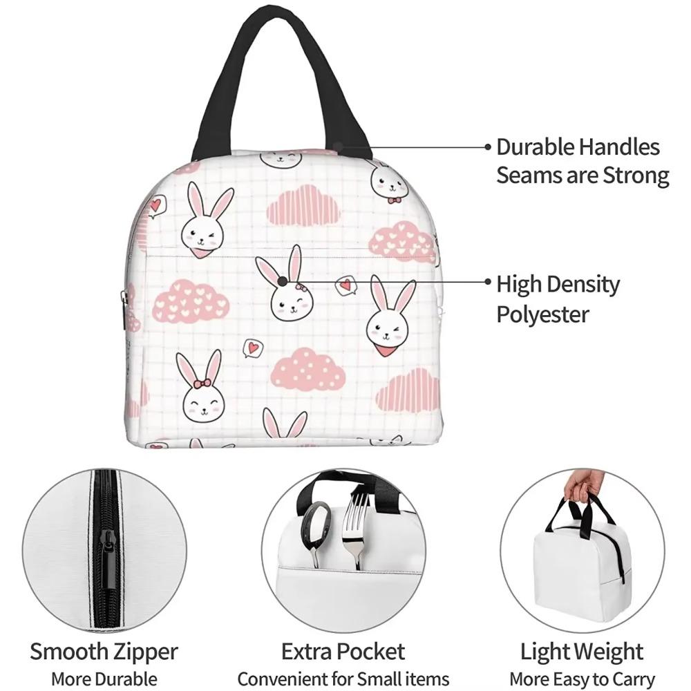 Cute Rabbit Bunny On Pink Grid Lunch Bag Travel Box Work Bento Cooler Reusable Tote Picnic Boxes Insulated Container Lunch Bags