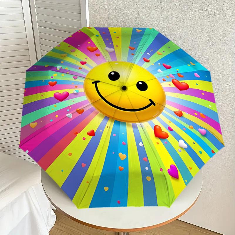 1PC smile heart Automatic Open/Close Umbrella with Windproof, 8-Rib Sturdy Canopy, Durable Ribs, Fashionable Design, Outdoor Accessory, Fun Prin, Holi