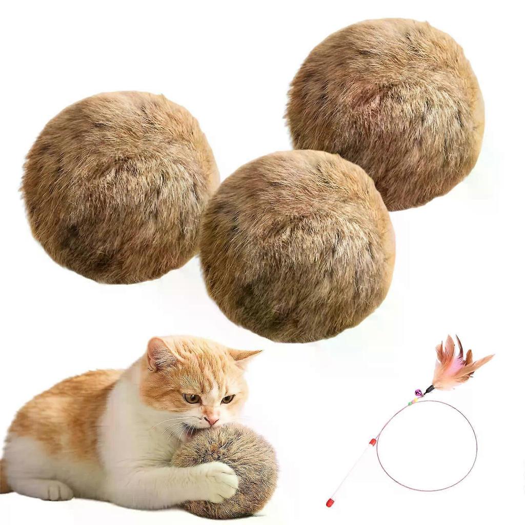 Rabbit Fur Cat Toy Ball - Natural Soft Fluffy Kitten Toy with Catnip & Silvervine, Interactive Hunting Play Teaser for Indoor Cats All Breeds