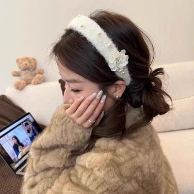Sweet Floral Pearl Hair Hoop Exquisite Wide Edge Hairband Flocking Flower Headband  Wash Face