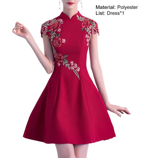 Women Cheongsam Dress Half Turtleneck High Waist Above Knee Length Temperament Chinese Dress for Banquet