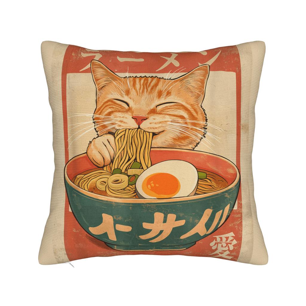 Funny Black Fat Cat Eating Ramen Pillowcases Kawaii Pillow Case For Sofa Couch Bed Living Room Design Pillow Cover