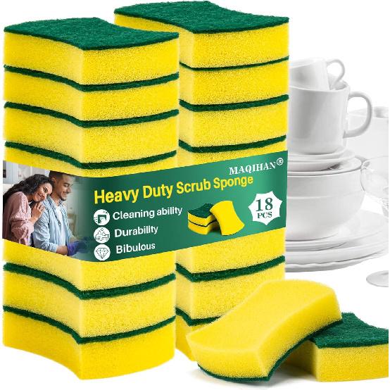MAQIHAN 18PCS Heavy Duty Scrub Sponge - Dish Scrubber Sponge Non Scratch Double Sided Reusable Cleaning Scouring for Kitchen Dishes, Pots, Pans, Sink