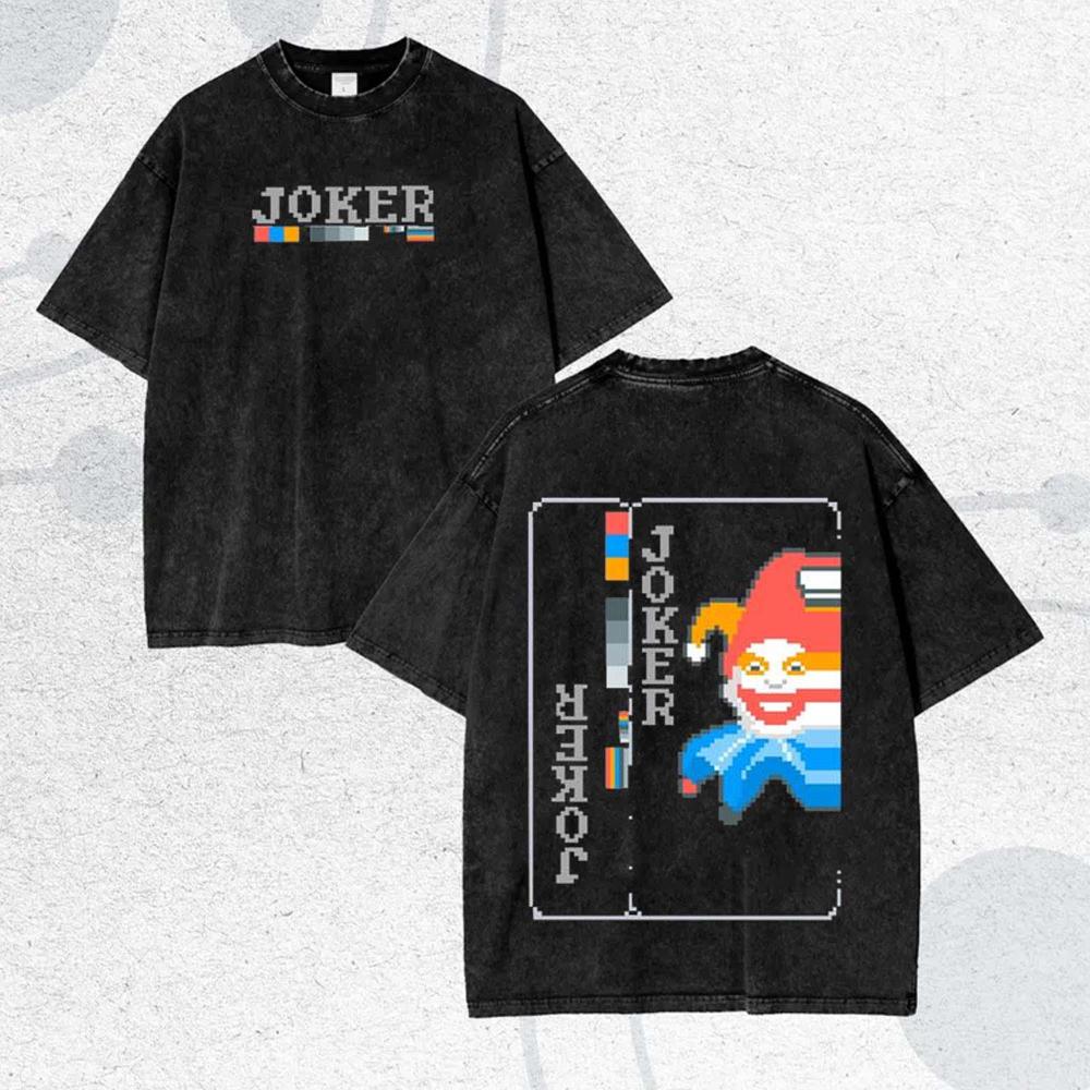 Retro indie game card pattern washed mens loosefitting shirt Couples allseason street style shirt graphic t shirts