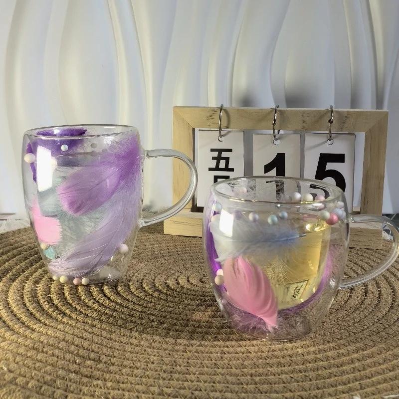 250/350ML Glass Cup Feather Design Double-layer Coffee Cup Clear Heat-resistant Glass Mug Household Office Exquisite Gifts Cups