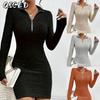 Women's Fashion Spring Autumn Solid Color Print V-Neck Long Sleeve Casual Dresses