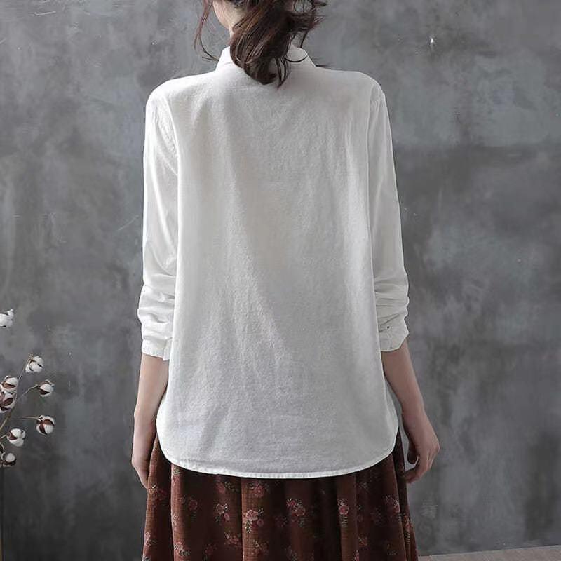 Women's Spring Fall Cotton Embroidered Long Sleeve Shirt – Loose Fit Casual Collared White Blouse Top