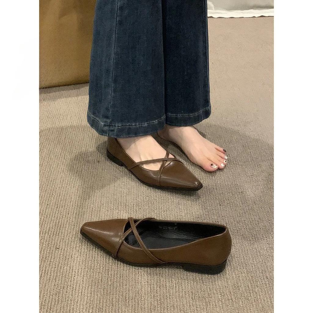 Cross Strap Women Mary Jane Shoes New 2025 Autumn Pointed Toe Dress Flat Shoe Ladies Red Soft Sole Ballet Shoes Zapatos
