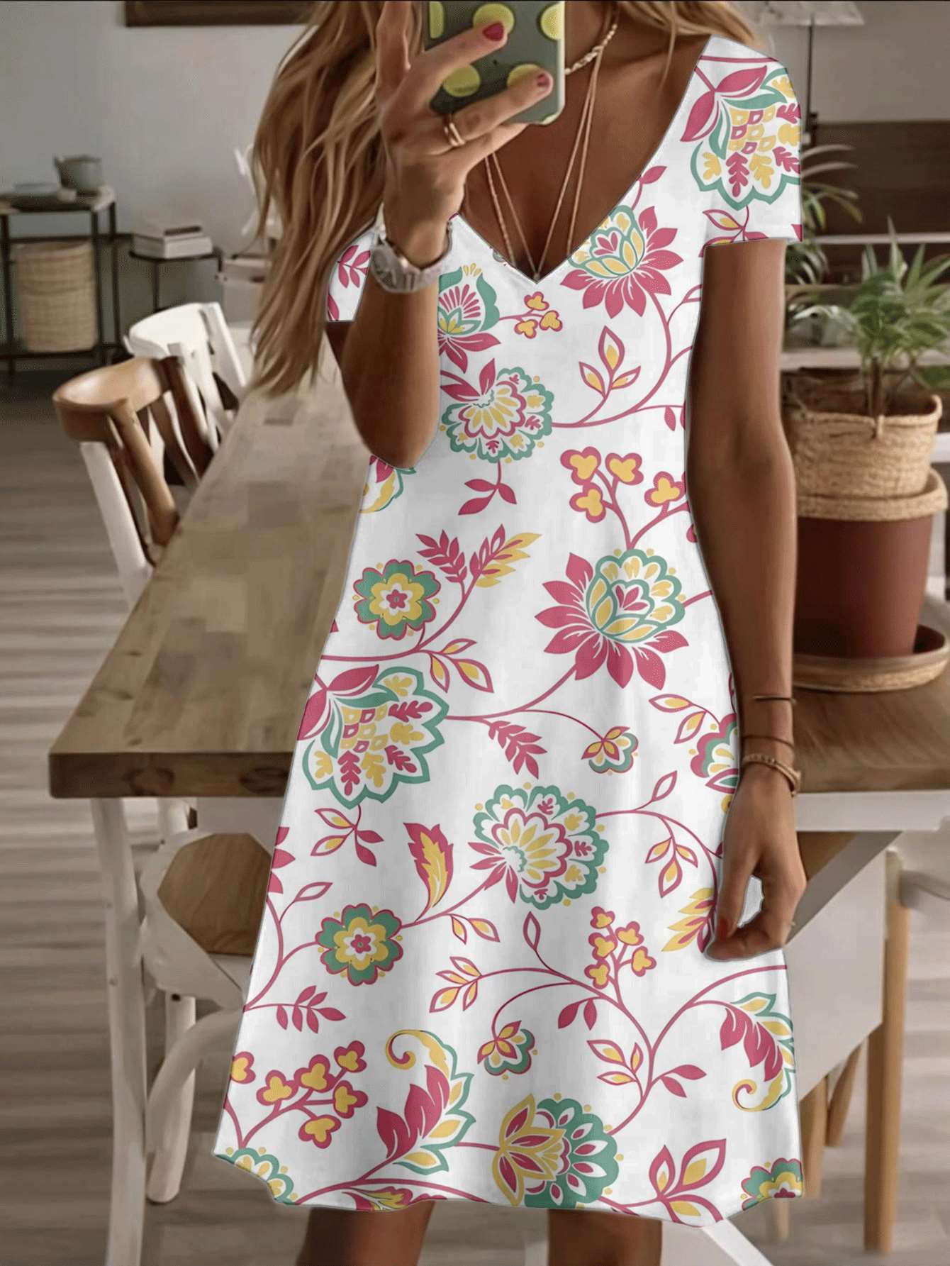 

Vneck shortsleeve midi dress floral blossom women s dress colorful vintage flower print pattern 3D premium printing durable fabric casual fashion eleg S дубильная кора