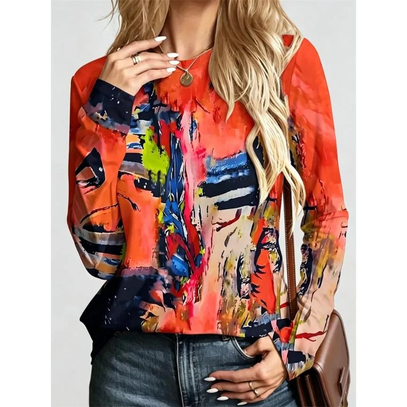 3D Casual Color Printing Casual Long SleeveFashion Women's Crew Neck Long Sleeve Crew Neck T-Shirt