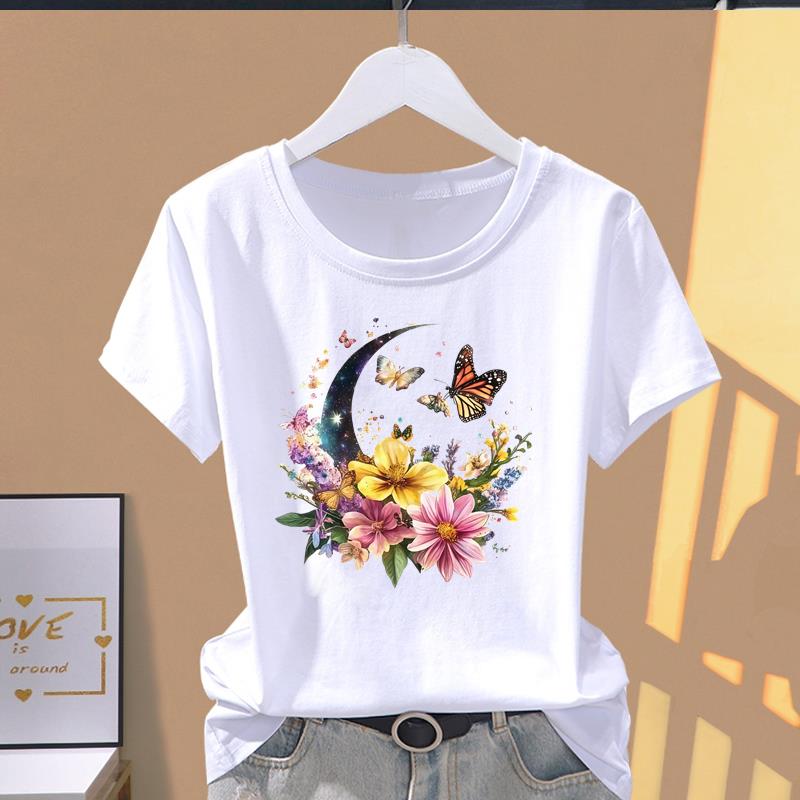 (Asian Size) lovely flower cute Print O-neck Short Sleeve T-shirts Fashion Female Casual Women's Top T Clothing Graphic Tee