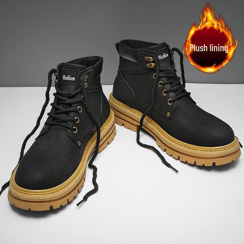 Men's Winter High-Top Genuine Leather Retro Martin Boots with Velvet Lining, British Style, Yellow