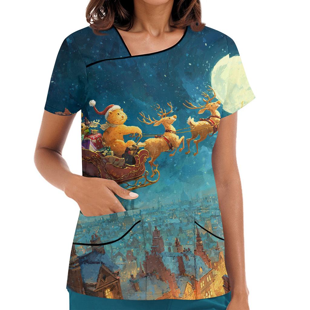 Women's Printed Work Clothes, Sloping Collar And Double Layer Pockets, Basic Top Pullover