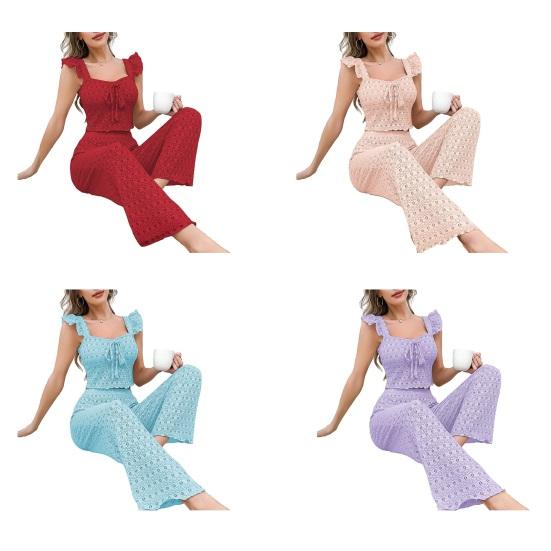 Damen Lochstickerei Pyjama Set 2 Teile Rüschen Ärmelloses Tanktop Und Lange Hose Pjs Set Sommer Lounge Nachtwäsche