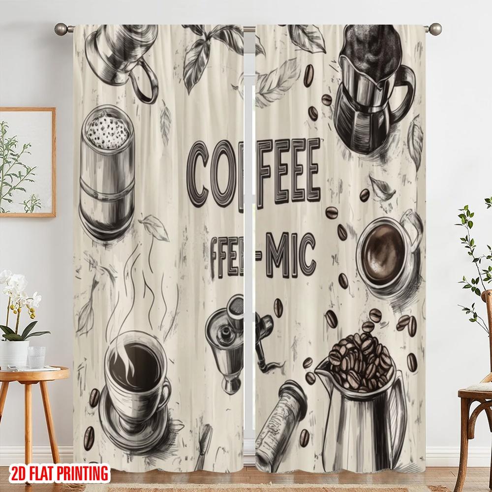 2pcs,2D plane printing Minimalist Curtains Coffee Artistry 100% Polyester (without rod) Outdoor Decorations Perfect for Bedroom